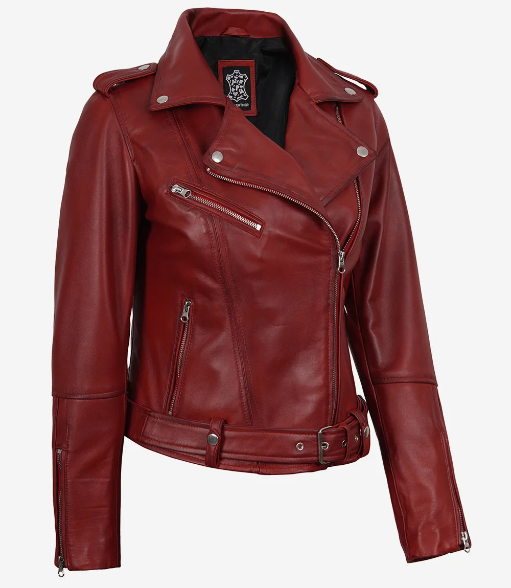 Women's Red Lambskin Leather Biker Jacket — Asymmetric Zip