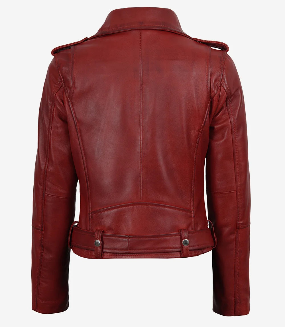 Women's Red Lambskin Leather Biker Jacket — Asymmetric Zip