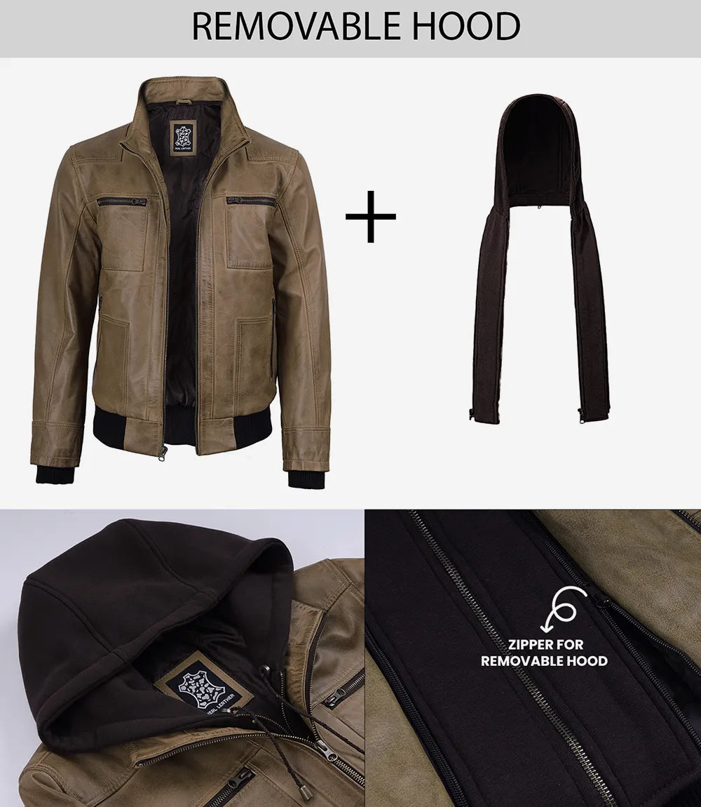 Men's Camel Wax Real Bomber Leather Jacket With Removable Hood