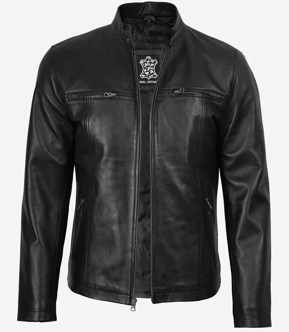 Men's Black Cafe Racer Leather Jacket with Removable Hood