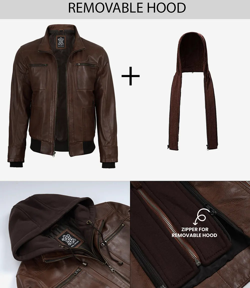 Men's Cognac Lambskin Waxed Leather Jacket — Detachable Hood