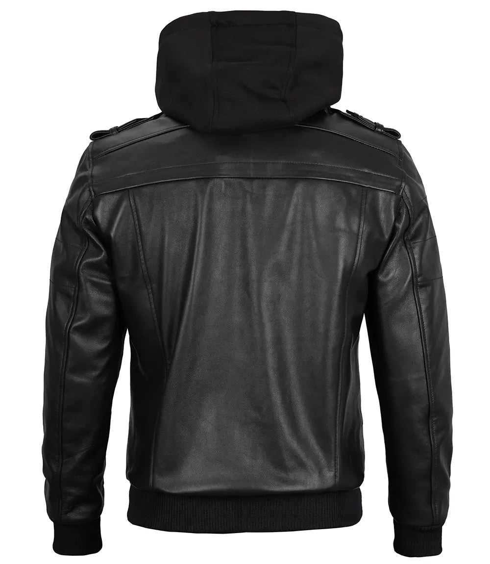 Men's Black Leather Jacket with Removable Hoodie