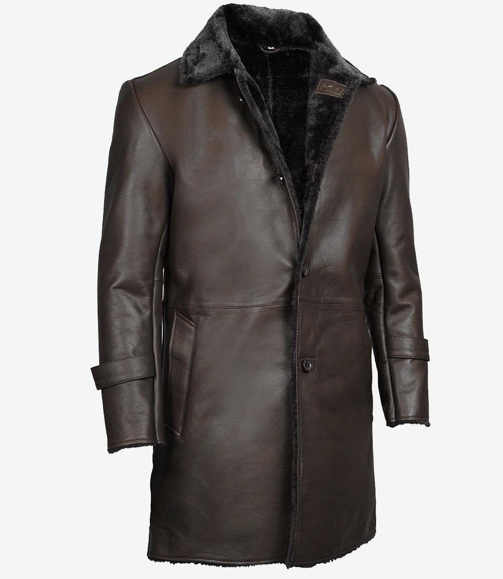 Men's Dark Brown Real Leather Coat — with Black Shearling Fur