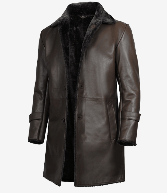 Men's Dark Brown Real Leather Coat — with Black Shearling Fur