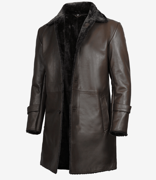 Men's Dark Brown Real Leather Coat — with Black Shearling Fur