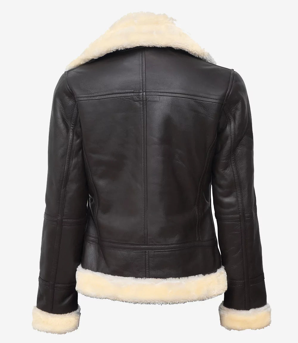 Women's Dark Brown Leather Bomber Jacket with Beige Faux Shearling.