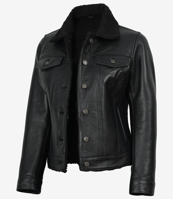 Women's Black Real Leather Trucker Jacket with Faux Sherpa Lining