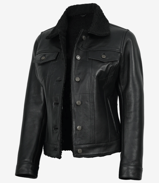 Women's Black Real Leather Trucker Jacket with Faux Sherpa Lining