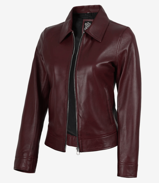 Women's Burgundy Wax Harrington Leather Jacket