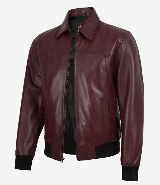Men's Burgundy Wax Leather Bomber Jacket Harrington Style