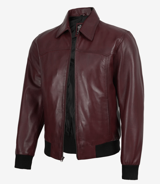 Men's Burgundy Wax Leather Bomber Jacket Harrington Style