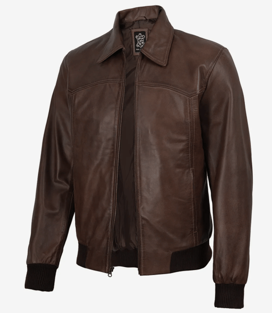 Men's Dark Brown Bomber Real Leather Jacket - Harrington Style