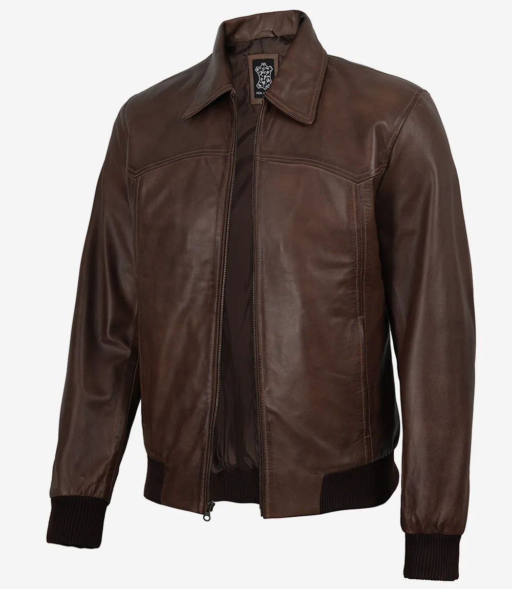 Men's Dark Brown Bomber Real Leather Jacket - Harrington Style