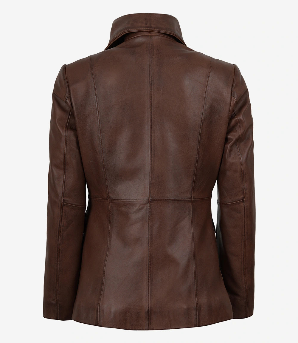 Women's Single Button Lambskin Leather Blazer – Brown Cognac Wax