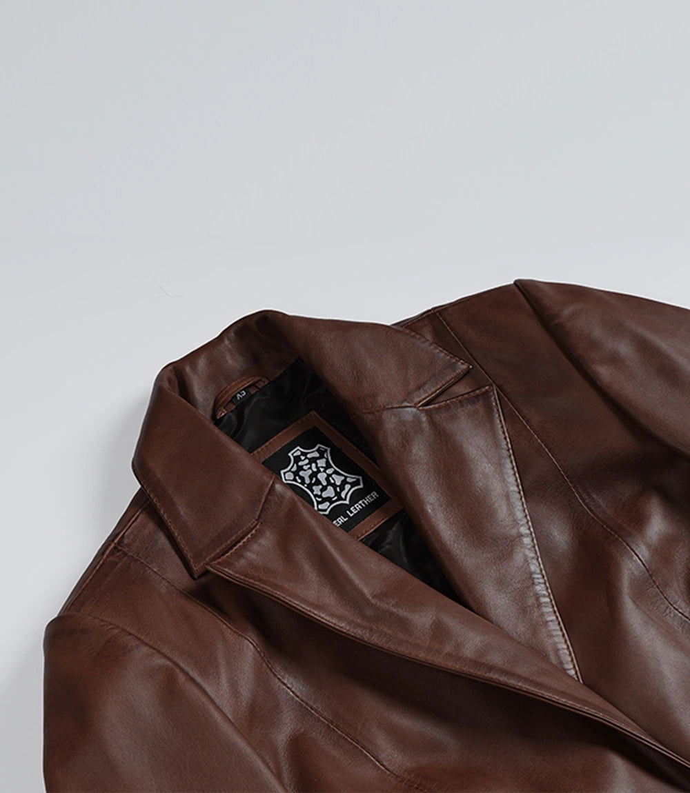 Women's Single Button Lambskin Leather Blazer – Brown Cognac Wax