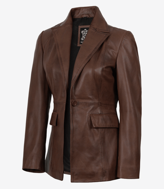 Women's Single Button Lambskin Leather Blazer – Brown Cognac Wax
