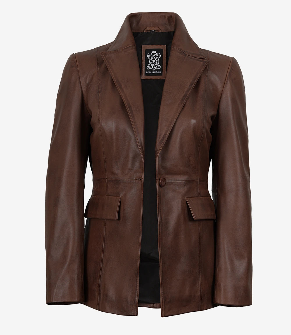 Women's Single Button Lambskin Leather Blazer – Brown Cognac Wax