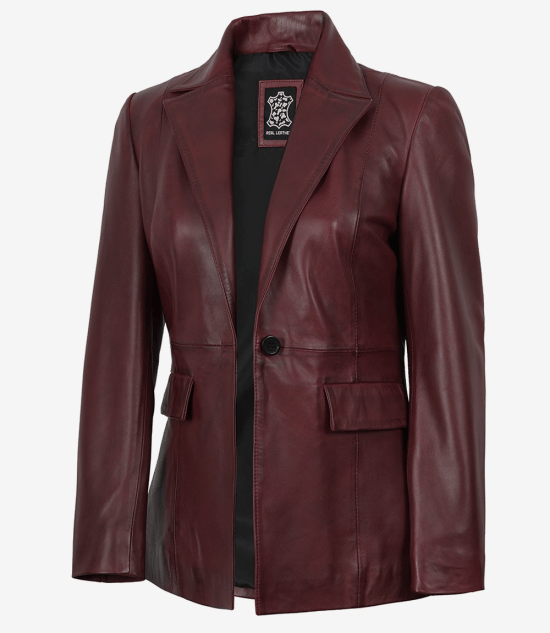 Women's Single-Button Lambskin Leather Blazer – Burgundy Wax