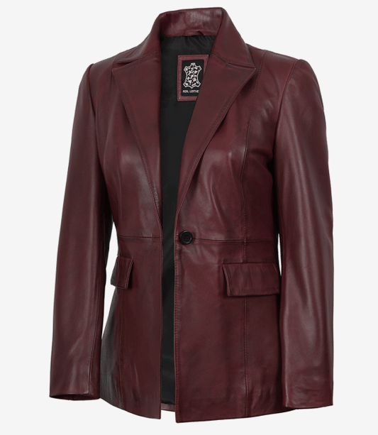 Women's Single-Button Lambskin Leather Blazer – Burgundy Wax