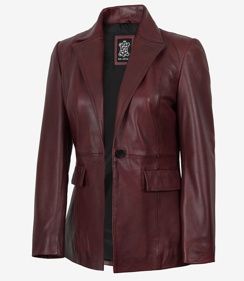Women's Single-Button Lambskin Leather Blazer – Burgundy Wax