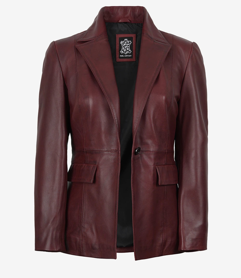 Women's Single-Button Lambskin Leather Blazer – Burgundy Wax