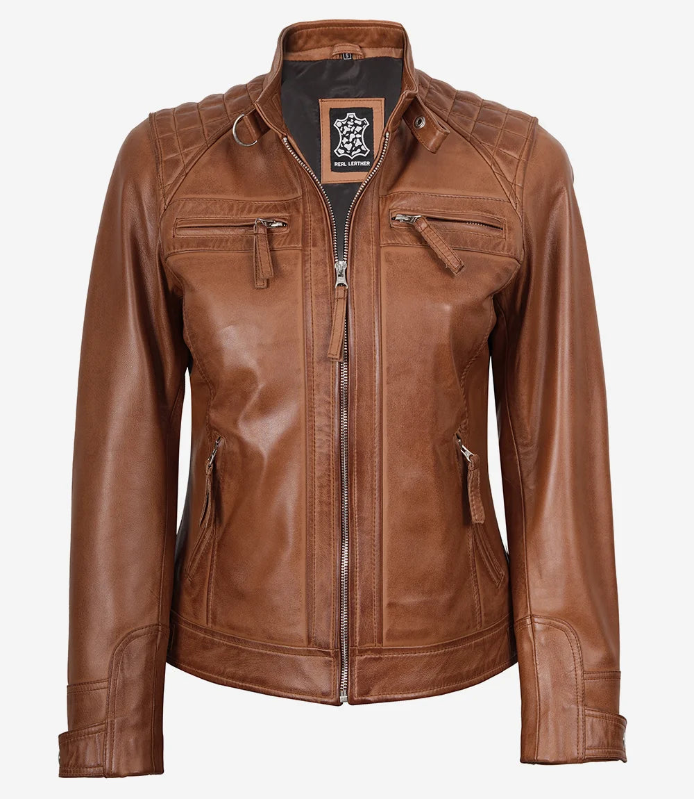Women's Cafe Racer Tan Real Leather Jacket