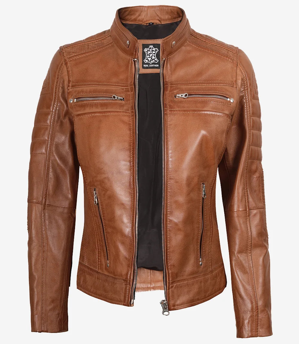 Women's Tan Brown Cafe Racer Leather Jacket