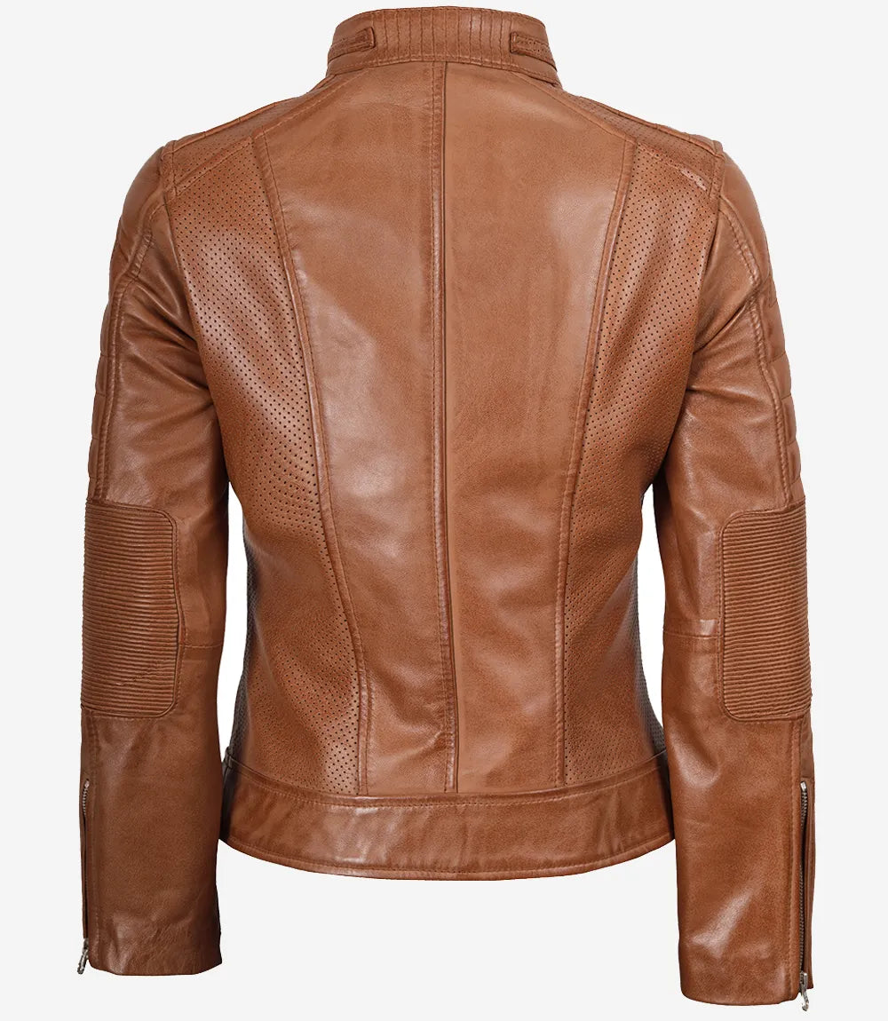 Women's Tan Brown Cafe Racer Leather Jacket