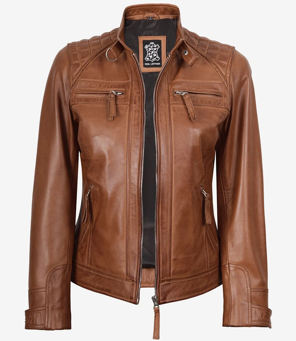 Women's Cafe Racer Tan Real Leather Jacket