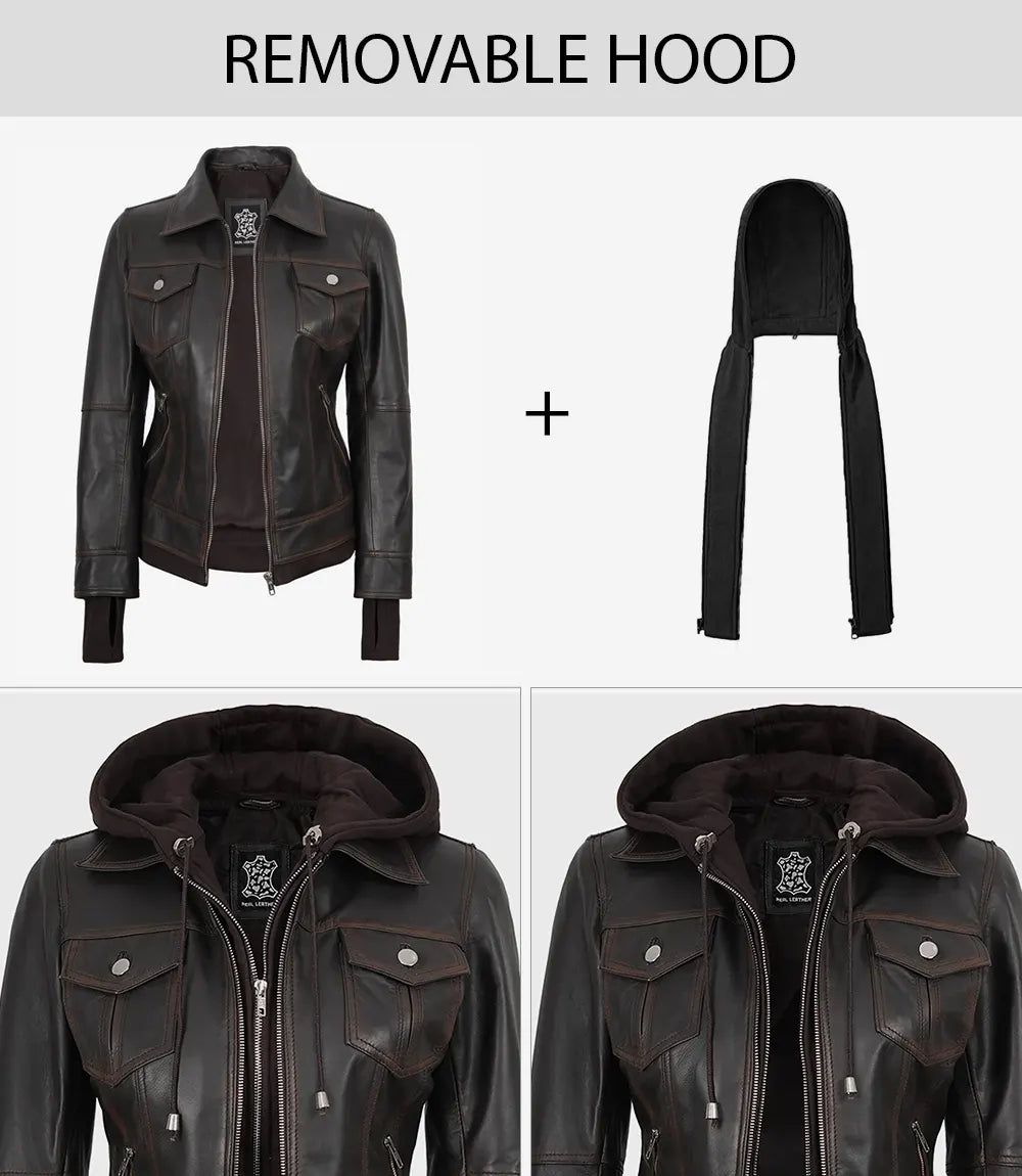 Tralee Dark Brown Womens Leather Jacket With Hood
