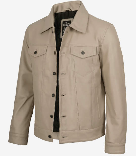 Arya Men's Beige Real Trucker Leather Jacket