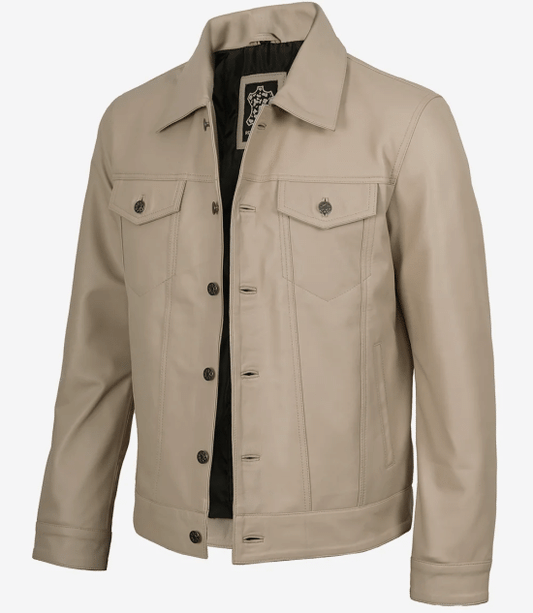 Arya Men's Beige Real Trucker Leather Jacket