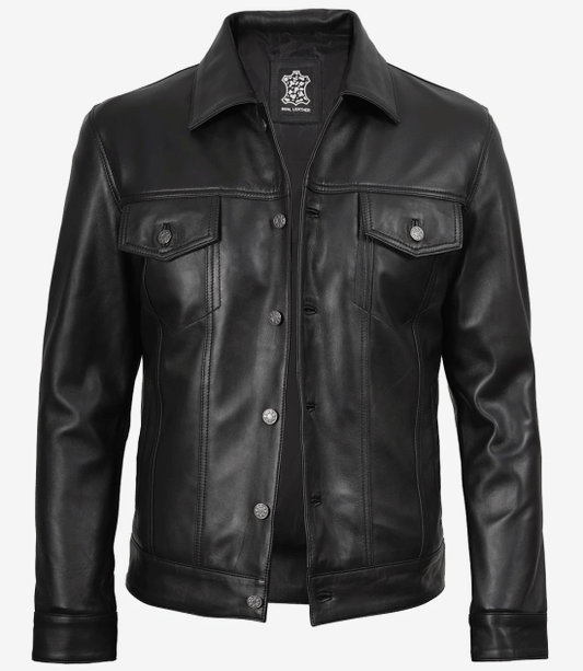 Men's Black Leather Trucker Jacket — Shirt Collar