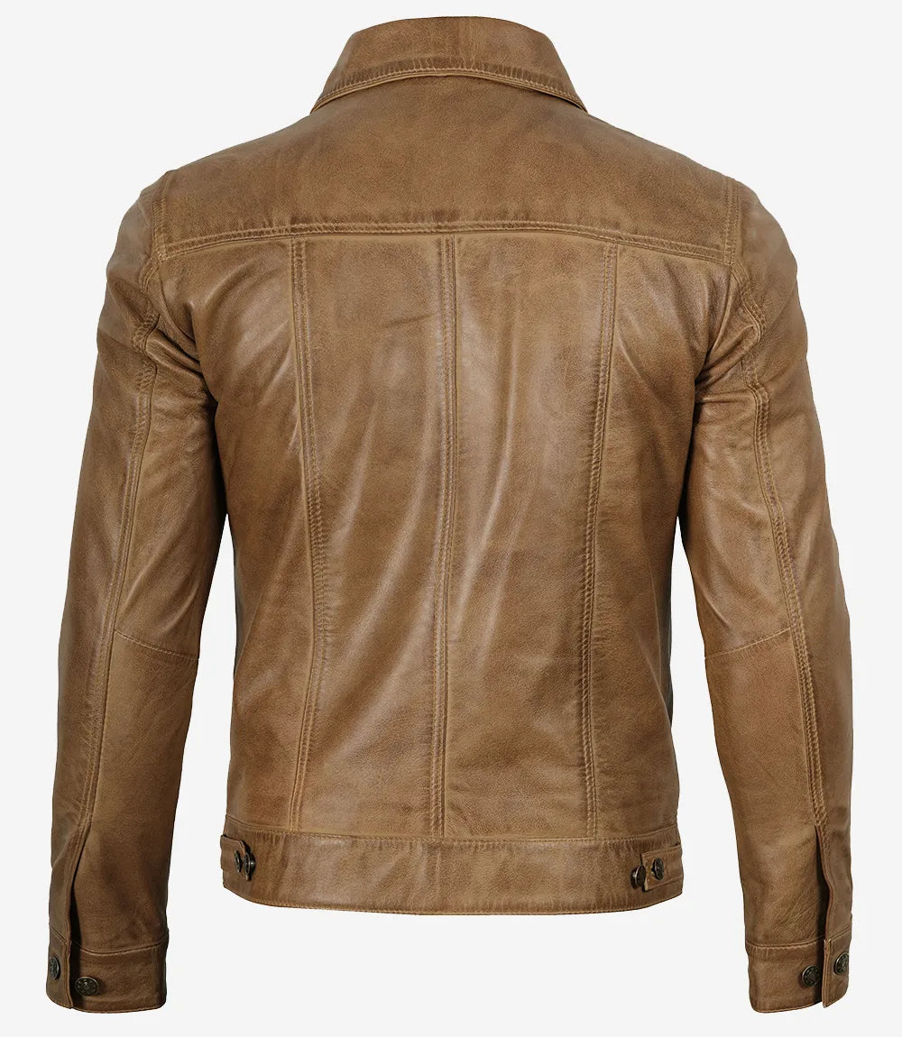 Men's Camel Brown Trucker Leather Jacket