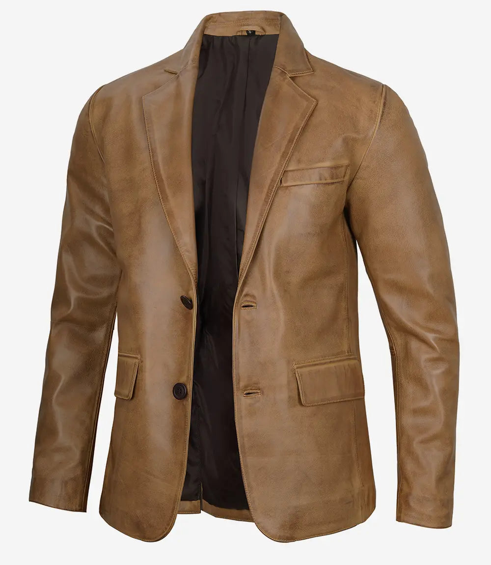 Mens Camel Leather Blazer Jacket - Two Buttons