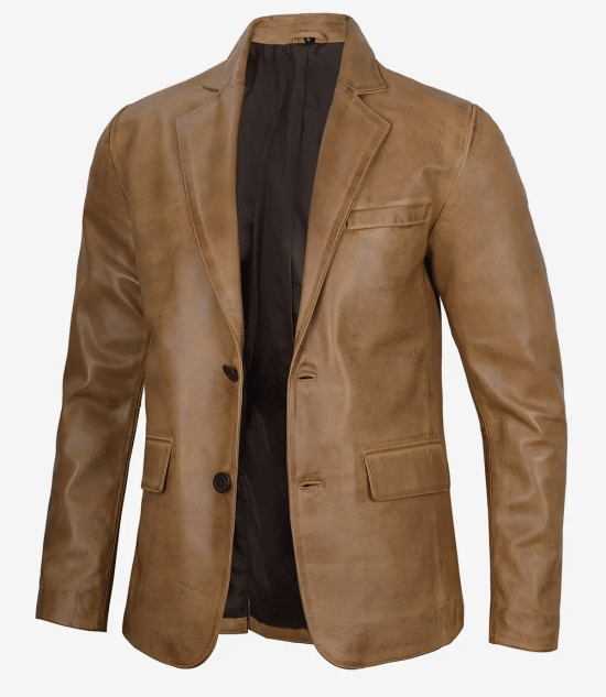 Mens Camel Leather Blazer Jacket - Two Buttons