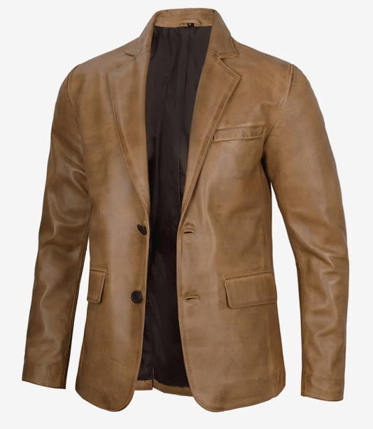 Mens Camel Leather Blazer Jacket - Two Buttons