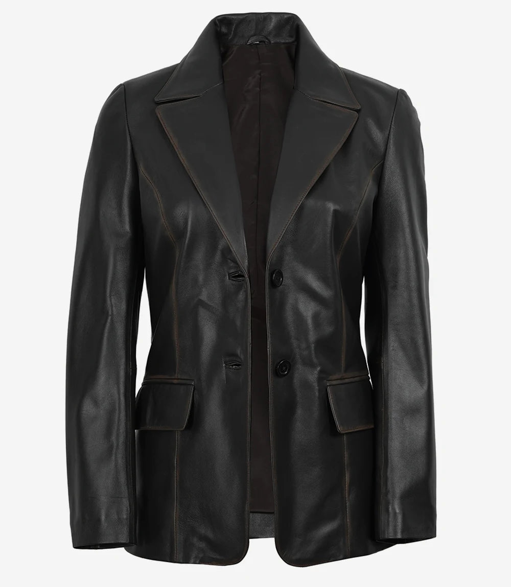 Women's Dark Brown Wax Lambskin Leather Blazer – Two Buttons