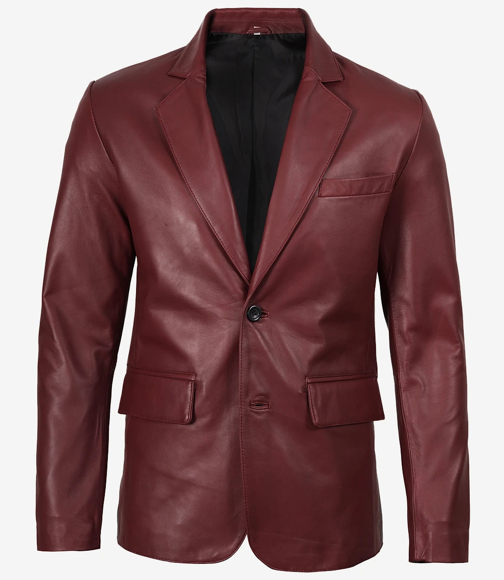 Men's Burgundy Real Leather Blazer Jacket