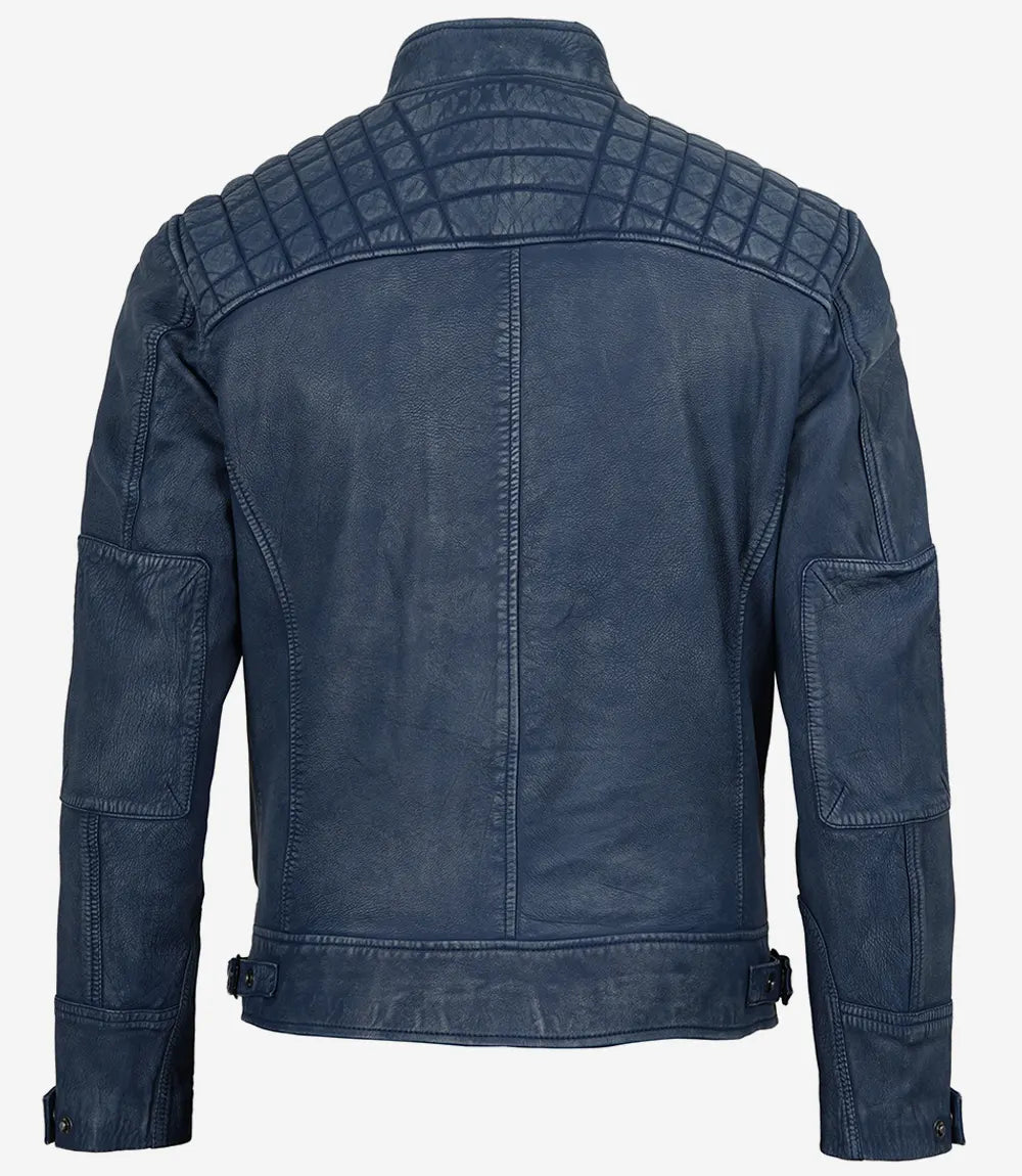 Arya Men's Blue Distressed Washed Leather Moto Jacket