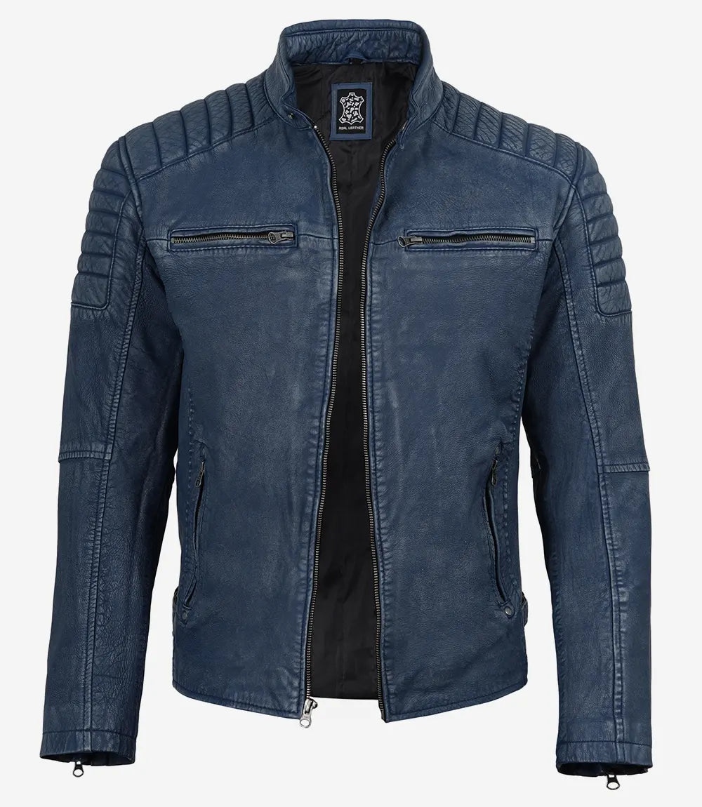 Men’s Washed Blue Distressed Leather Cafe Racer Jacket