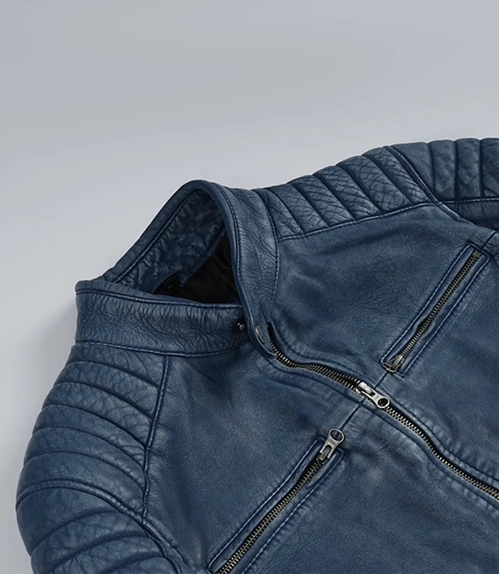 Men’s Washed Blue Distressed Leather Cafe Racer Jacket