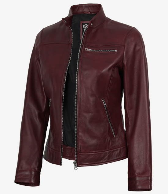 Women's Burgundy Wax Lambskin Leather Biker Jacket