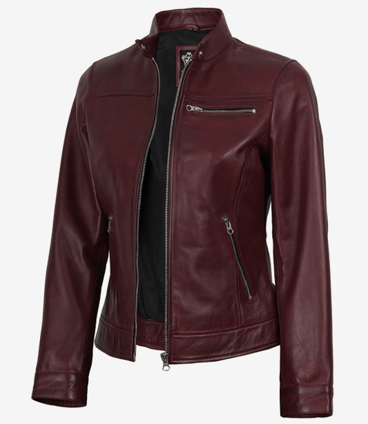 Women's Burgundy Wax Lambskin Leather Biker Jacket