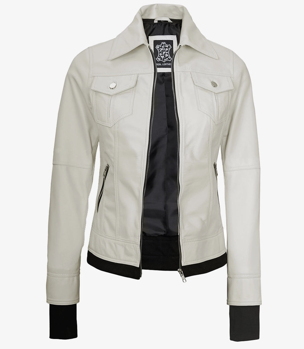 Women's Bomber Off White Leather Jacket with Removable Hood