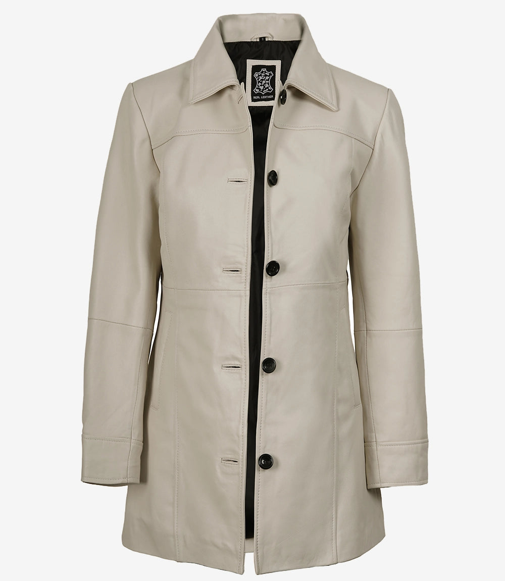 Women's Off White Real Leather Car Coat