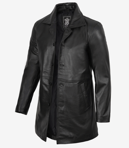 Men's Black Lambskin Leather Car Coat — 3/4 Length