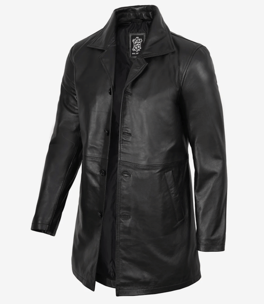 Men's Black Lambskin Leather Car Coat — 3/4 Length