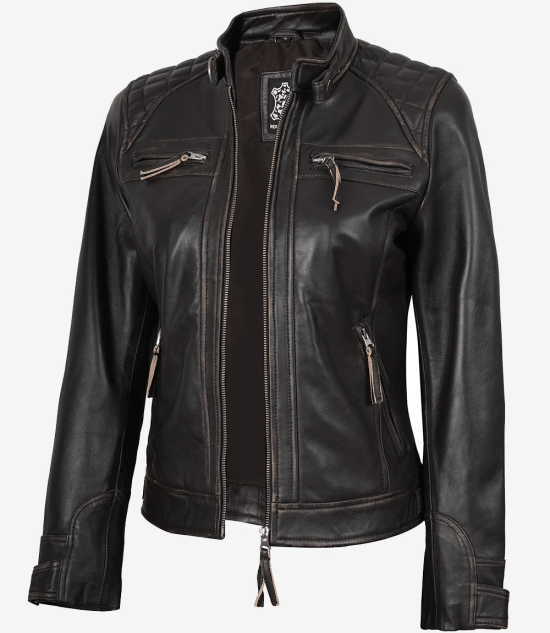 Women's Rub Off Dark Brown Quilted Leather Cafe Racer Jacket