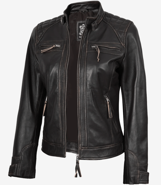 Women's Rub Off Dark Brown Quilted Leather Cafe Racer Jacket